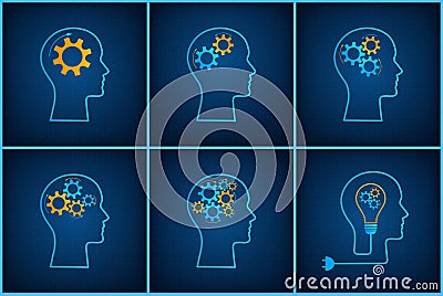 Head silhouette lightbulb inspiration concept set Vector Illustration