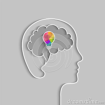 Head silhouette of a person, brain outline and light bulb with colors as creative idea concept Vector Illustration