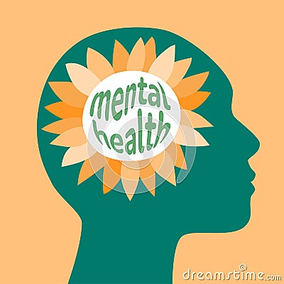 Head silhouette with sunflower inside mental health distort script. Self awareness. Therapy logo Vector Illustration