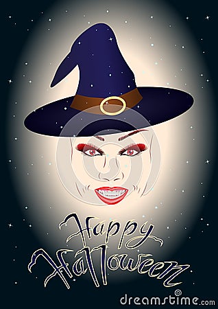 The head of a smiling girl, witch, vampire in a wizard hat on the background of the starry sky, the inscription Happy Halloween. Vector Illustration