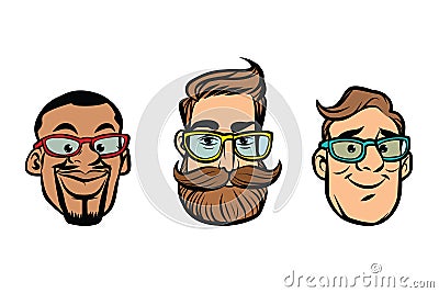 Head stylish guys, hipsters, multi-ethnic group Vector Illustration