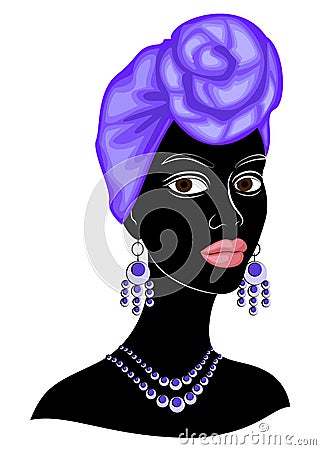 Head of a sweet lady. On the head of an African-American girl a bright purple shawl tied up, a turban. The woman is beautiful and Cartoon Illustration