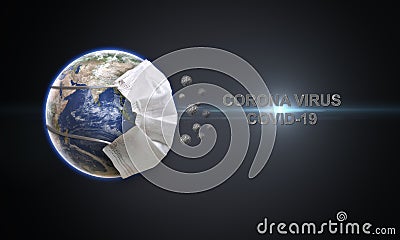 Head title Corona Virus with light flare. Planet Earth wearing face mask to protect the globe. Stock Photo