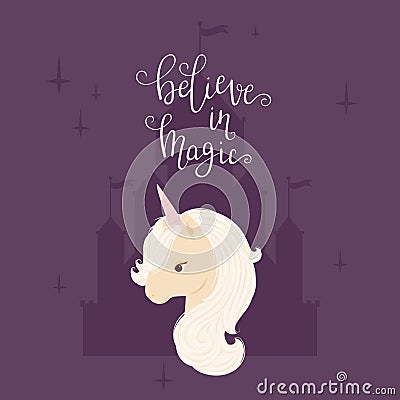 Head of a unicorn on a castle silhouette background Vector Illustration