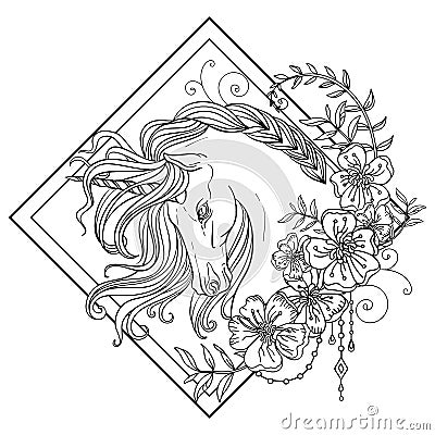 Head of unicorn with flowers coloring for adult Vector Illustration