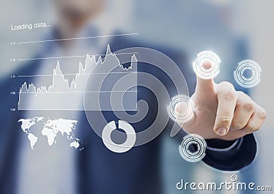 Head-up display interface showing business intelligence dashboard, touchscreen buttons Stock Photo