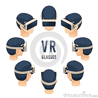 Head in vr glasses. Isometric virtual reality headset game or education experience. Isolated vector illustration set Vector Illustration