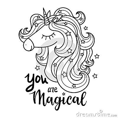 The head of a white unicorn. Magical animal. Black and white. Vector artwork Vector Illustration