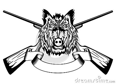 Head wild boar and crossed guns Vector Illustration