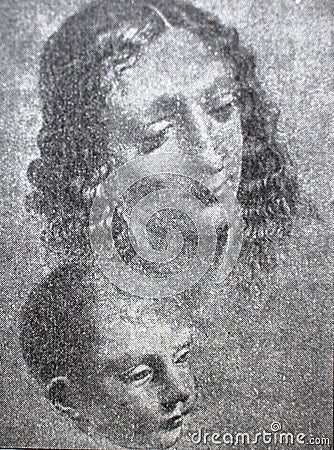 The head of the woman and child by Leonardo da Vinci in the vintage book Leonardo Da Vinci by M. Sumtsov, Kharkov, 1900 Editorial Stock Photo