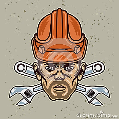 Head of worker with bristle in hard hat and two crossed adjustable wrenches vector illustration in colorful cartoon Vector Illustration