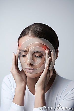 Headache. Beautiful Woman Feeling Stress And Strong Head Pain Stock Photo