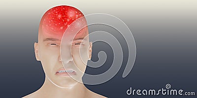 Headache brain system problems skull pain face man showing headaches 3d illustration Cartoon Illustration