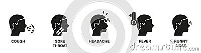 Headache, Fever, Runny Nose, Cough, Sore Throat Black Icon. Symptoms of Virus Disease Black Silhouette Icon. Covid Vector Illustration
