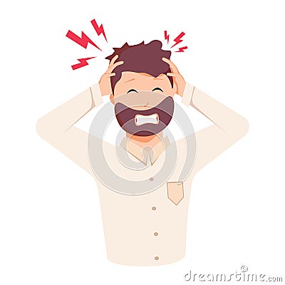 Headache, frustration, anger. Flat design vector illustration. Health And Pain. Stressed Exhausted Young man Vector Illustration