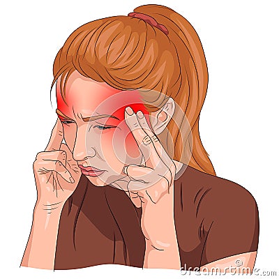 Headache illustrated on a woman body with red designation Vector Illustration