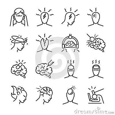 Headache line icon set. Included the icons as Tension headaches, Cluster headaches, Migraine, brain symptom and more. Vector Illustration