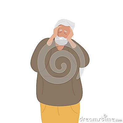 Headache. Mature elderly man holds her head with her hands, experiencing headache, stress, depression. Suffering of Ache Vector Illustration