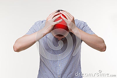 Headache and migraine, man with head pain on white background Stock Photo