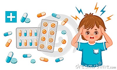 Headache, migraine medicine pharmacy pill, painkiller. Child feel pain in head. Stress, depression treatment. Mental health vector Vector Illustration