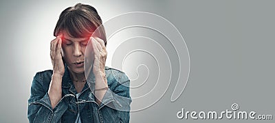 Headache, pain and hurt woman with a migraine in due to depression, frustrated and anxiety in mockup space. Red, overlay Stock Photo