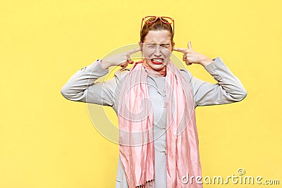 Headache or pain. I do not want to hear from you! Aggressive gin Stock Photo