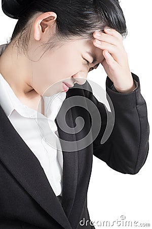 Headache symptom in a businesswoman isolated on white background. Clipping path on white background. Stock Photo