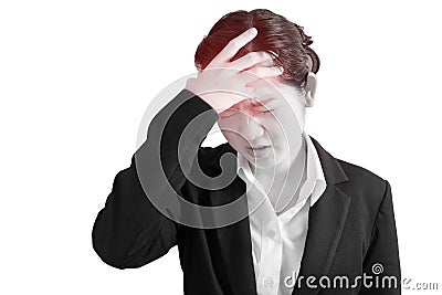 Headache symptom in a businesswoman isolated on white background. Clipping path on white background. Stock Photo