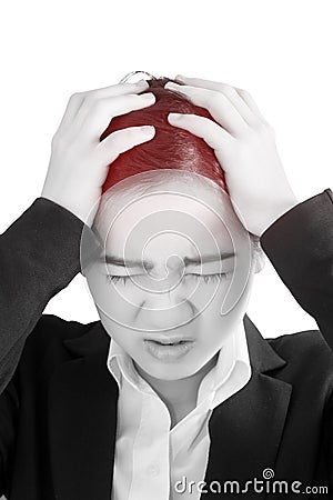 Headache symptom in a businesswoman isolated on white background. Clipping path on white background. Stock Photo