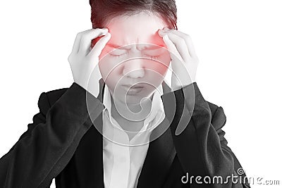 Headache symptom in a businesswoman isolated on white background. Clipping path on white background. Stock Photo