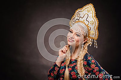 Headdress, girl, folk, portrait, white, russian, russia, dress, Stock Photo