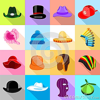 Headdress hat icons set colorful, flat style Vector Illustration