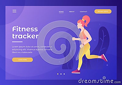 Header for website with picture of athletic girl on run with tracker. Cardio exercises. Vector Illustration