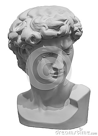 Headf of statue of David sculpture by Michelangelo. Antique marble face isolated on white Stock Photo