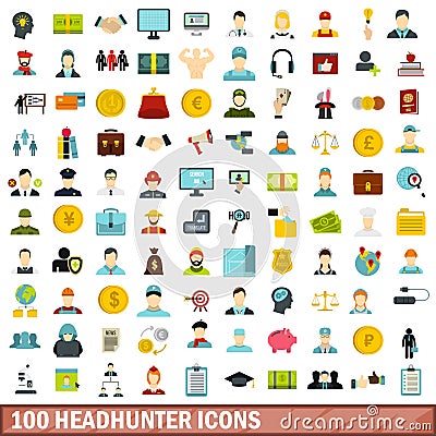 100 headhunter icons set, flat style Vector Illustration