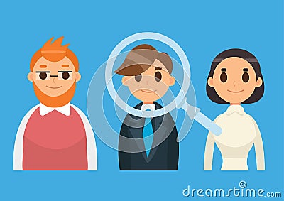 Headhunting and Recruitment illustration with candidate people. Flat icon vector illustration. Magnifying Glass. Vector Illustration