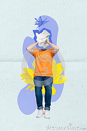 Headless freak collage concept of funny surreal young guy hands head paper crumpled trash dilemma thoughts on Stock Photo