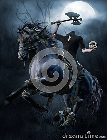 Headless horseman in the forest Stock Photo