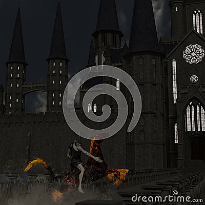 Headless horseman riding a flaming horse in front of a medieval castle Stock Photo