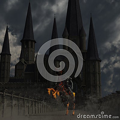 Headless horseman riding a flaming horse in front of a medieval castle Stock Photo
