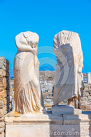 Headless sculptures at ancient ruins at Delos island in Greece Stock Photo