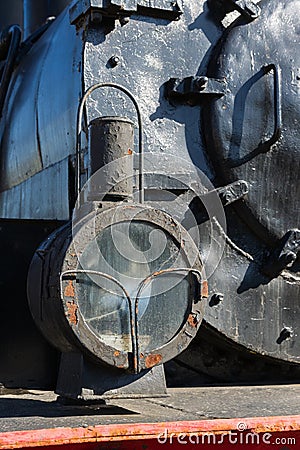 Headlight of the ancient steam locomotive. Petroleum lamp and a Stock Photo