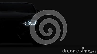 Headlights of black sports car on black Stock Photo