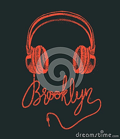 Headphone Brooklyn hand drawing, grunge vector illustration. Vector Illustration