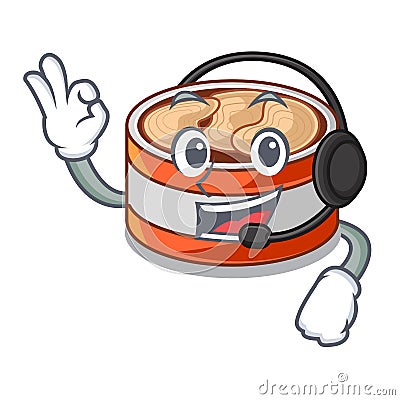 With headphone canned tuna in cartoon kitchen cabinet Vector Illustration