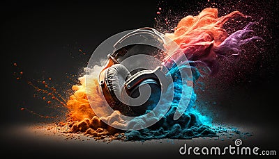 Headphone And Colorful Exploding Vivid Powder On Dark Background - Generative AI Stock Photo