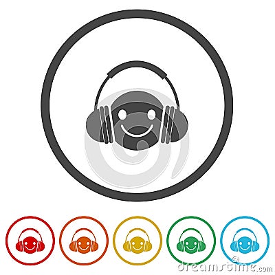 Headphone emoticon icon. Set icons in color circle buttons Vector Illustration