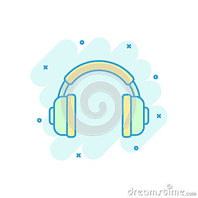 Headphone headset icon in comic style. Headphones vector cartoon illustration pictogram. Audio gadget business concept splash Vector Illustration