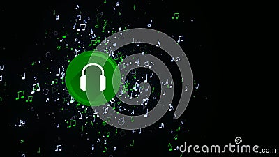 Headphone icon with notes on black background. Animation. Colored headphone icon emits bright notes. Beautiful notes Stock Photo