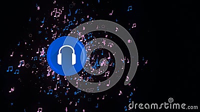 Headphone icon with notes on black background. Animation. Colored headphone icon emits bright notes. Beautiful notes Stock Photo